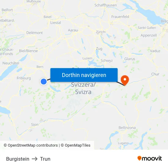 Burgistein to Trun map