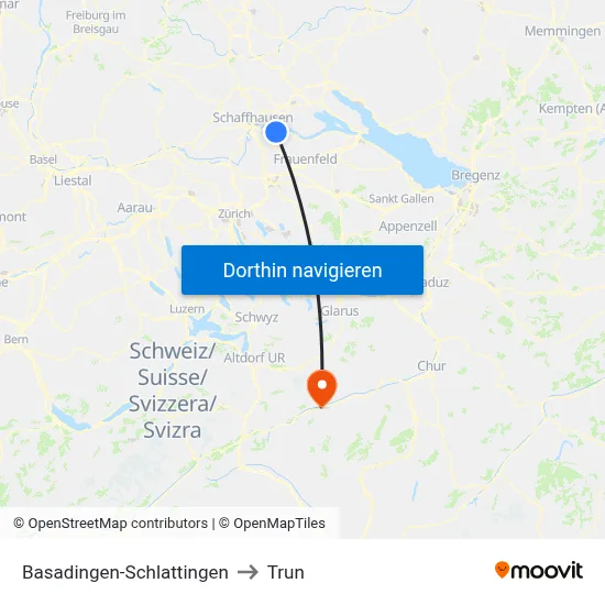 Basadingen-Schlattingen to Trun map