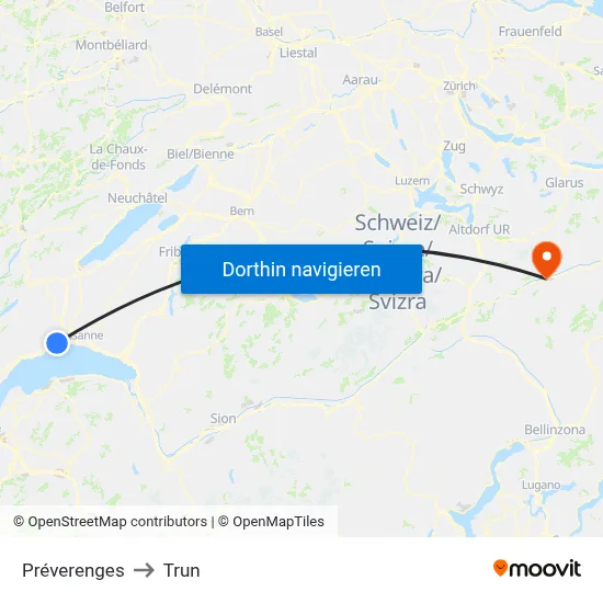 Préverenges to Trun map