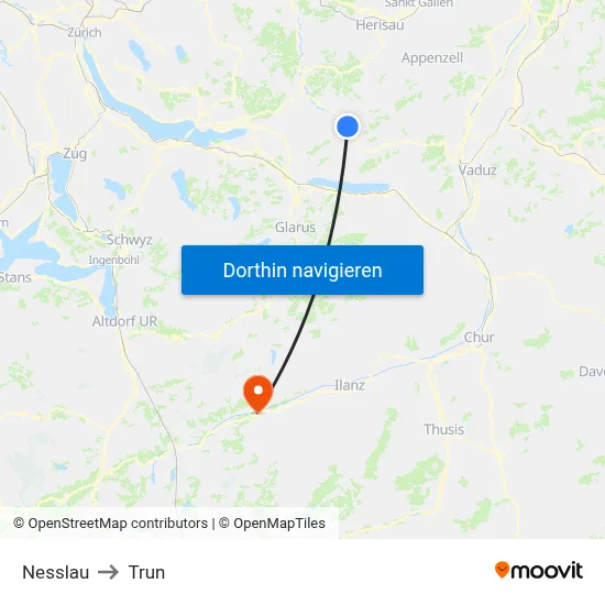 Nesslau to Trun map