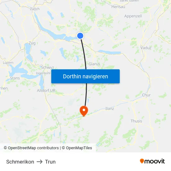 Schmerikon to Trun map