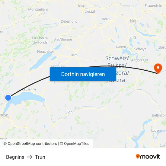 Begnins to Trun map