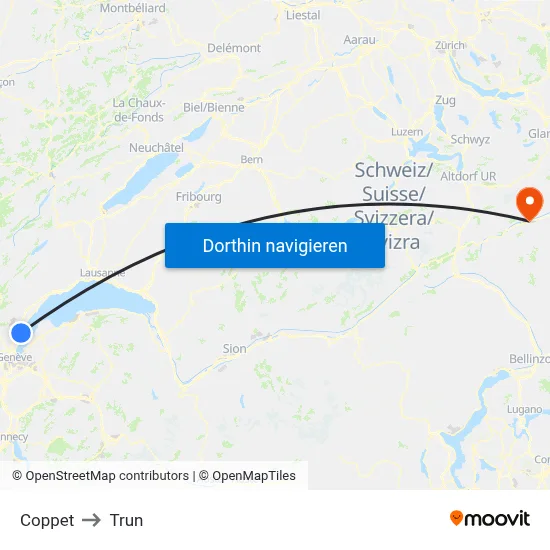 Coppet to Trun map