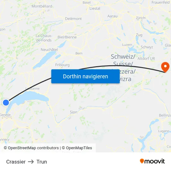 Crassier to Trun map