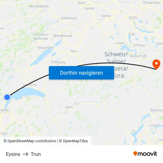 Eysins to Trun map