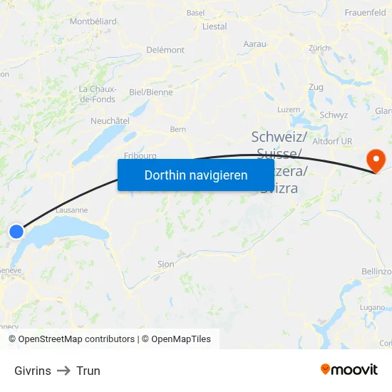 Givrins to Trun map