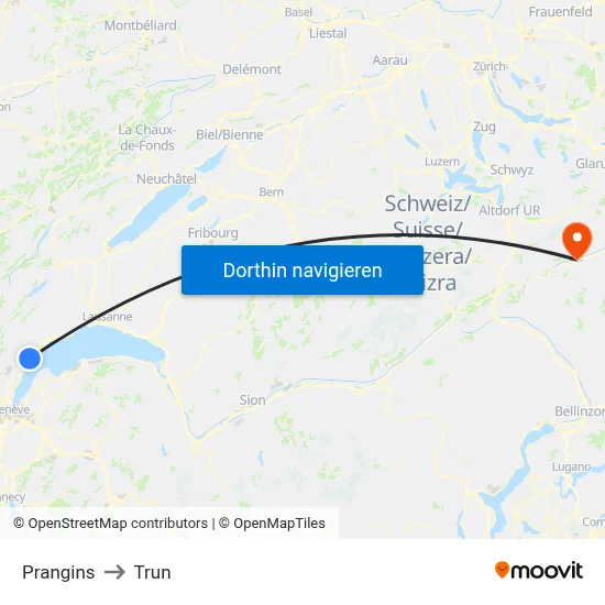 Prangins to Trun map