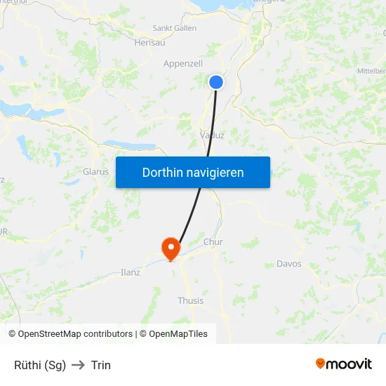 Rüthi (Sg) to Trin map