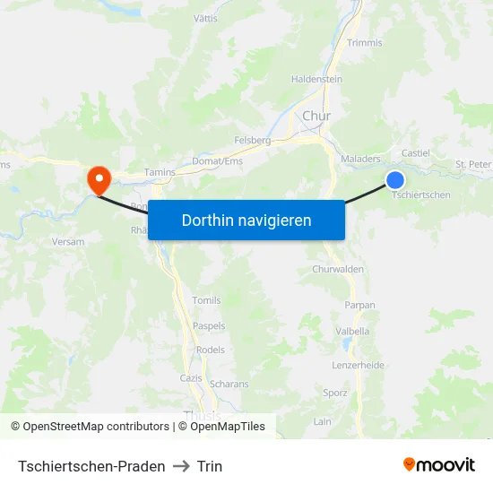 Tschiertschen-Praden to Trin map