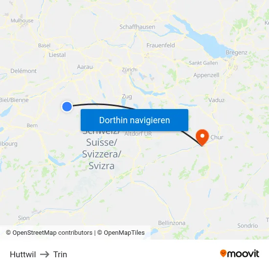 Huttwil to Trin map