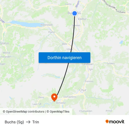 Buchs (Sg) to Trin map