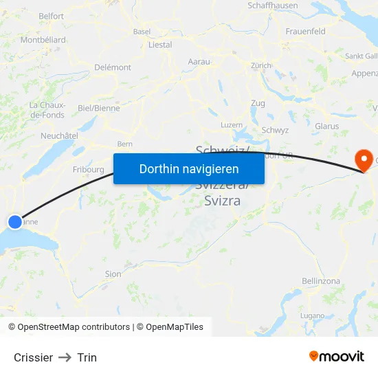 Crissier to Trin map