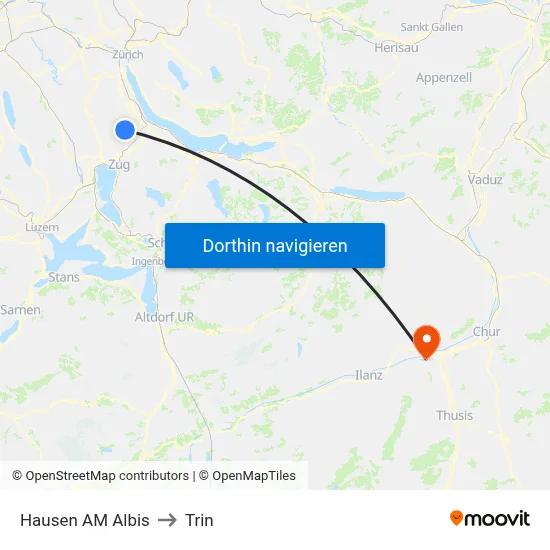 Hausen AM Albis to Trin map