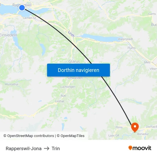 Rapperswil-Jona to Trin map