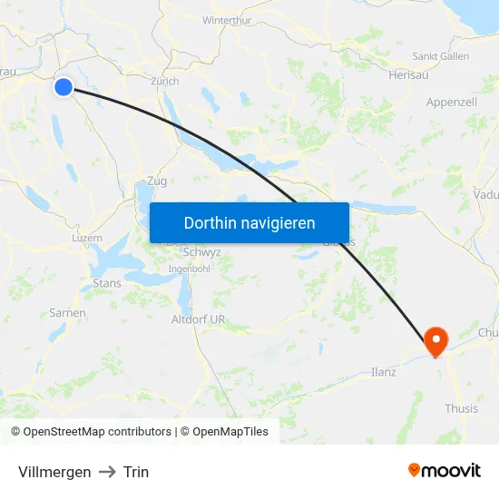 Villmergen to Trin map