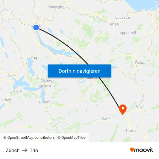 Zürich to Trin map