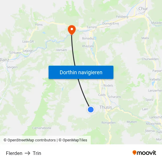 Flerden to Trin map