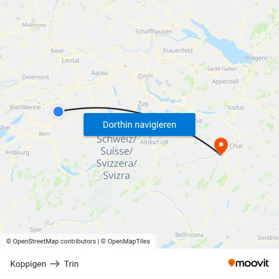 Koppigen to Trin map