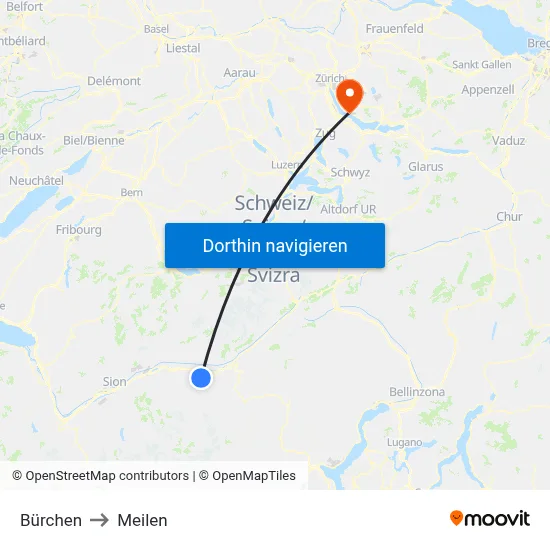 Bürchen to Meilen map