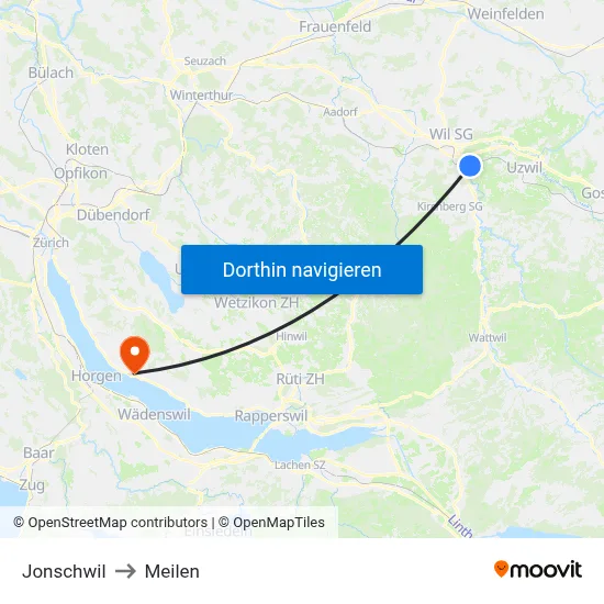 Jonschwil to Meilen map