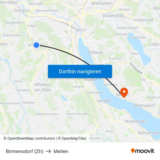 Birmensdorf (Zh) to Meilen map