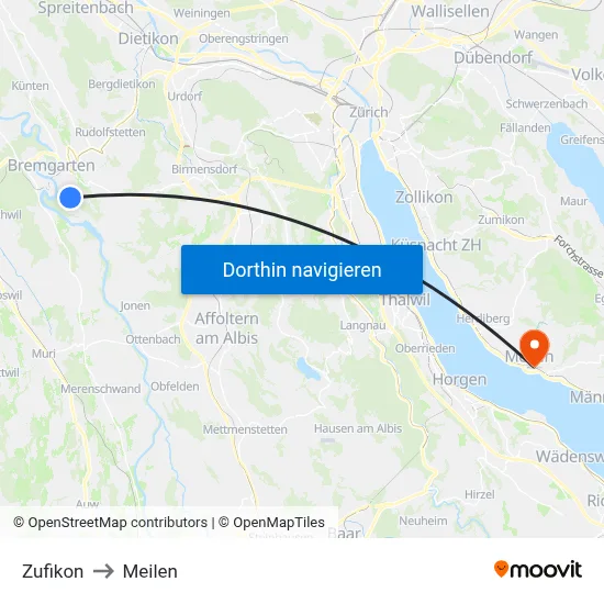 Zufikon to Meilen map