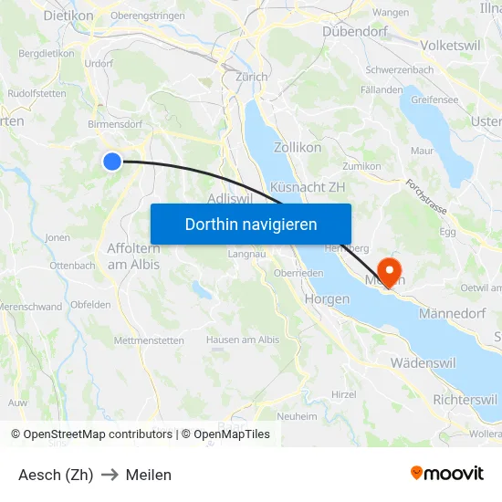 Aesch (Zh) to Meilen map