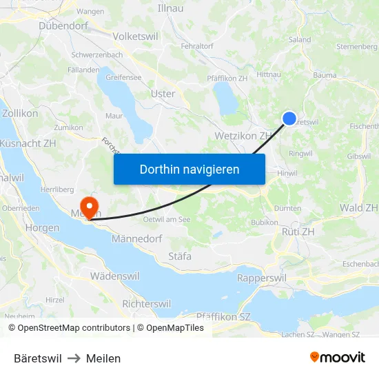 Bäretswil to Meilen map