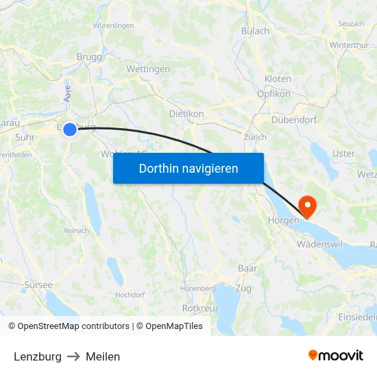 Lenzburg to Meilen map