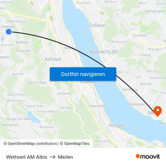 Wettswil AM Albis to Meilen map