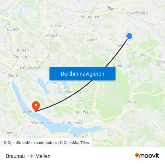 Braunau to Meilen map