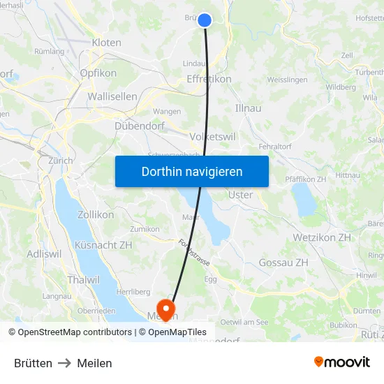 Brütten to Meilen map