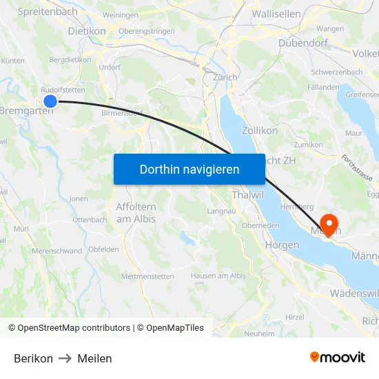 Berikon to Meilen map