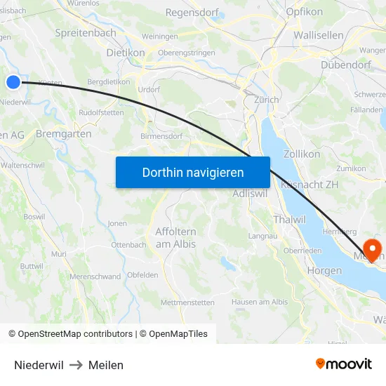 Niederwil to Meilen map