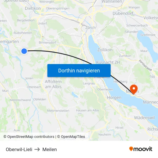 Oberwil-Lieli to Meilen map