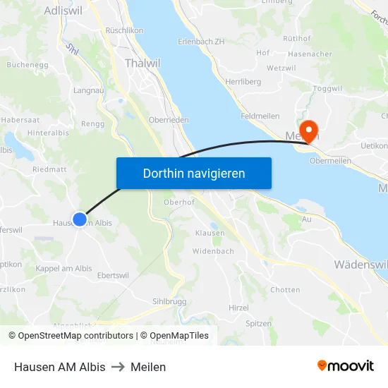 Hausen AM Albis to Meilen map