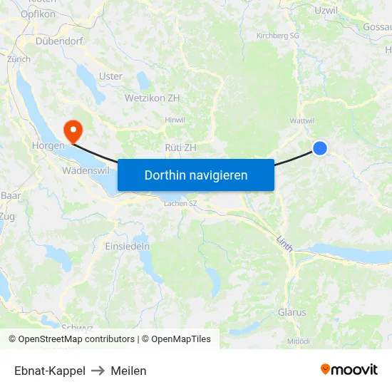 Ebnat-Kappel to Meilen map