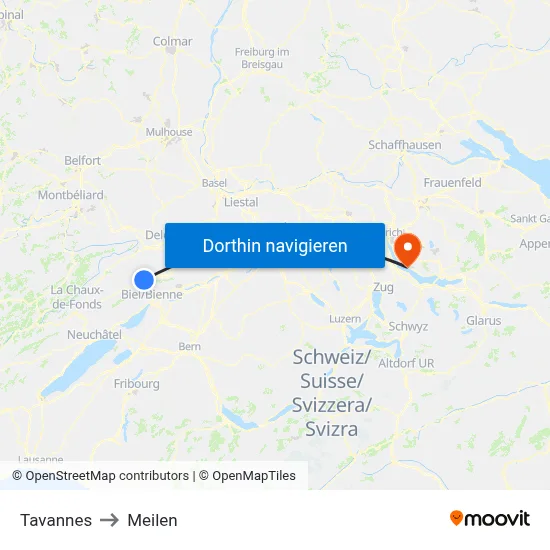 Tavannes to Meilen map