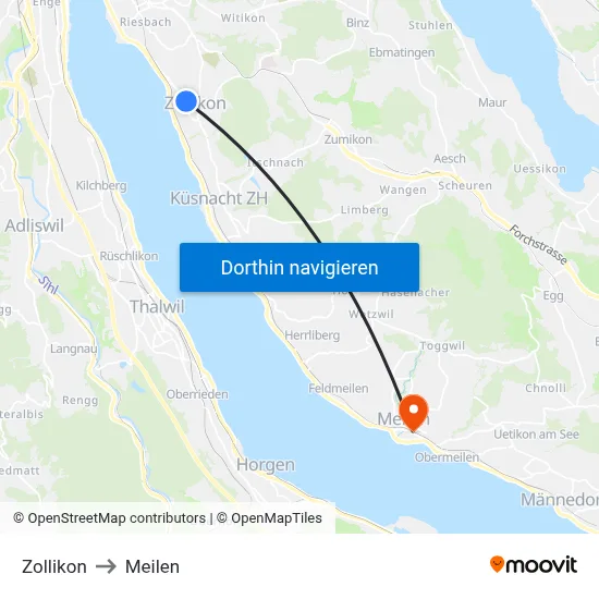 Zollikon to Meilen map