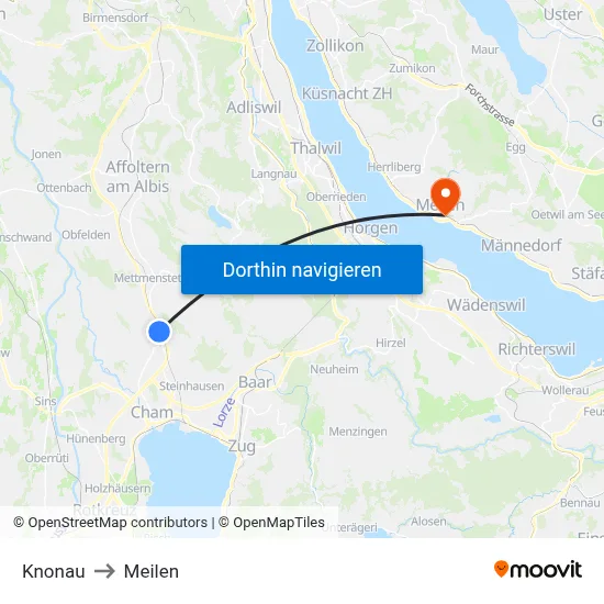 Knonau to Meilen map