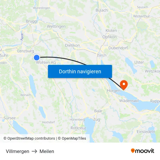 Villmergen to Meilen map