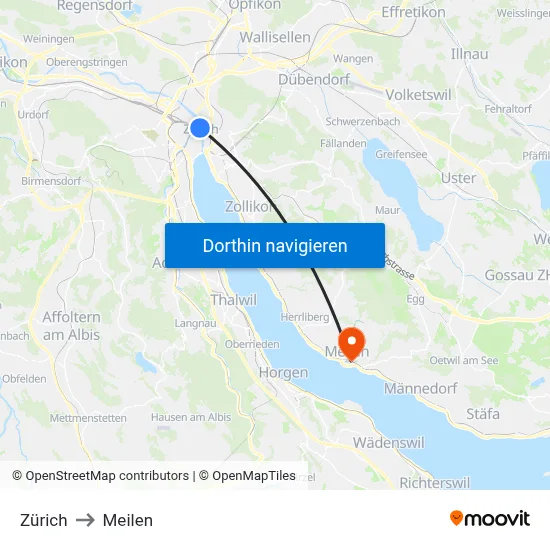 Zürich to Meilen map