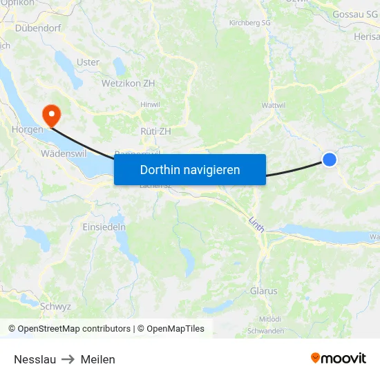 Nesslau to Meilen map