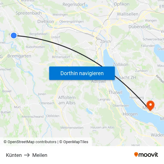 Künten to Meilen map