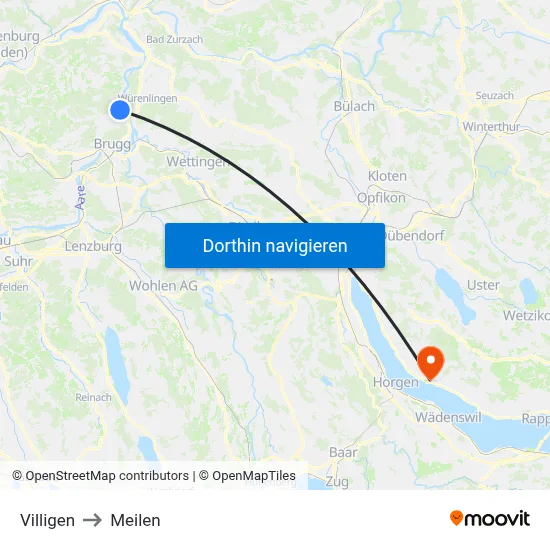 Villigen to Meilen map