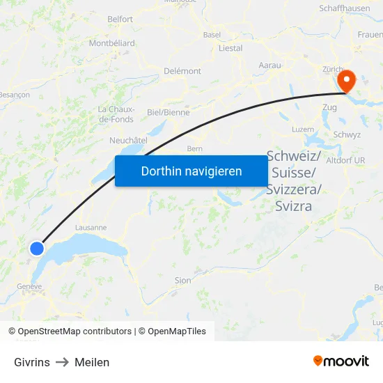 Givrins to Meilen map