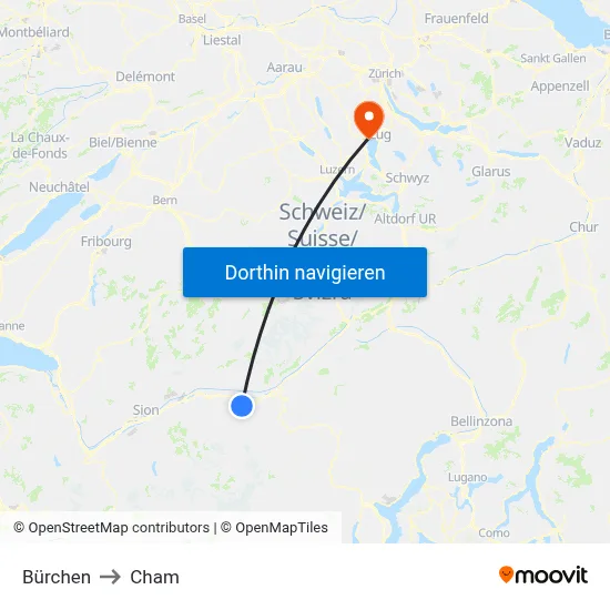 Bürchen to Cham map