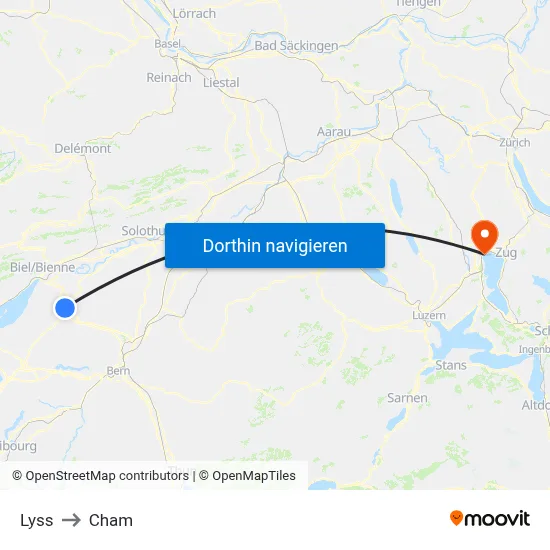 Lyss to Cham map