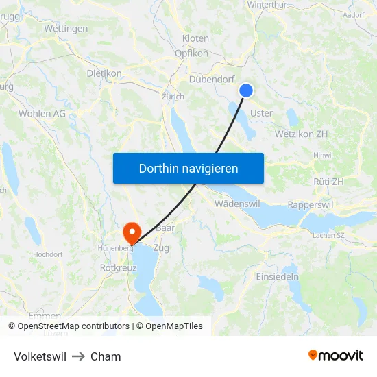 Volketswil to Cham map