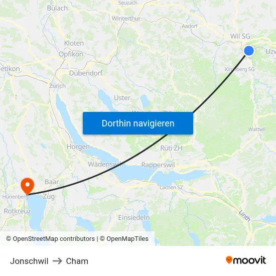 Jonschwil to Cham map